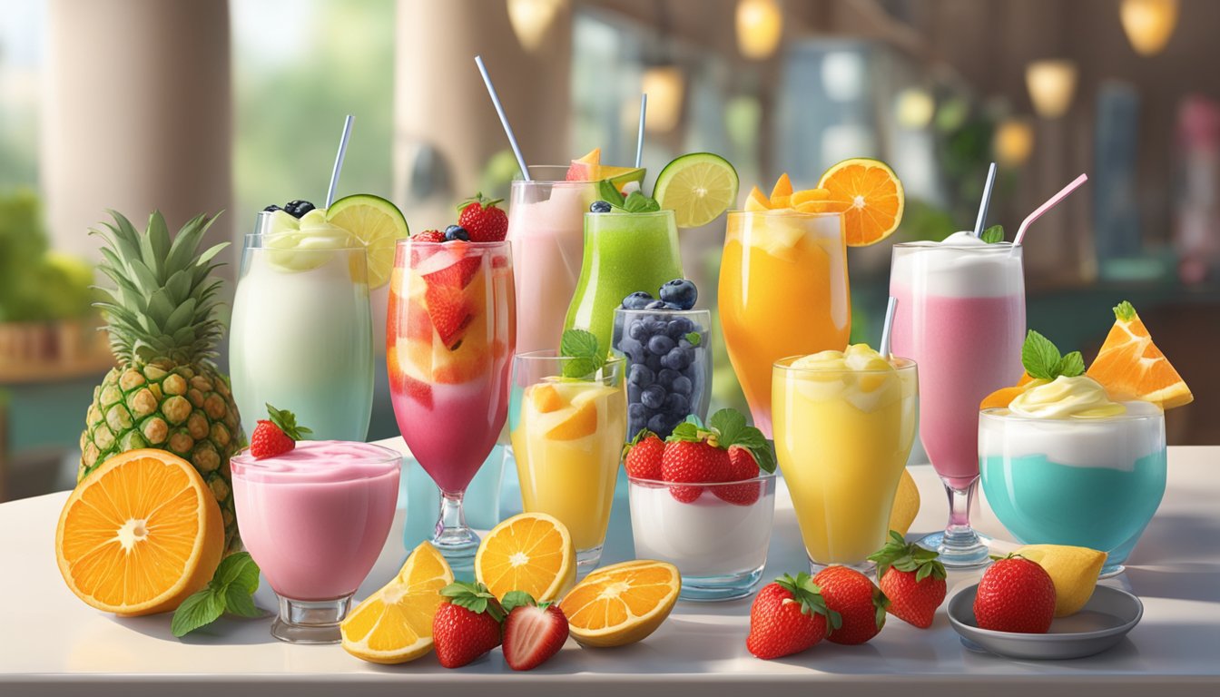 A colorful display of fresh fruits, yogurt parfaits, and refreshing beverages at Cava