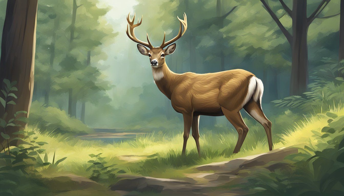 A deer cautiously grazing in a wooded area, surrounded by natural foliage and a serene atmosphere, with no signs of human presence