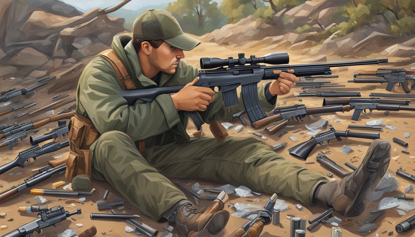 A hunter frustratedly examining a shattered target with a variety of ineffective rifle calibers scattered around