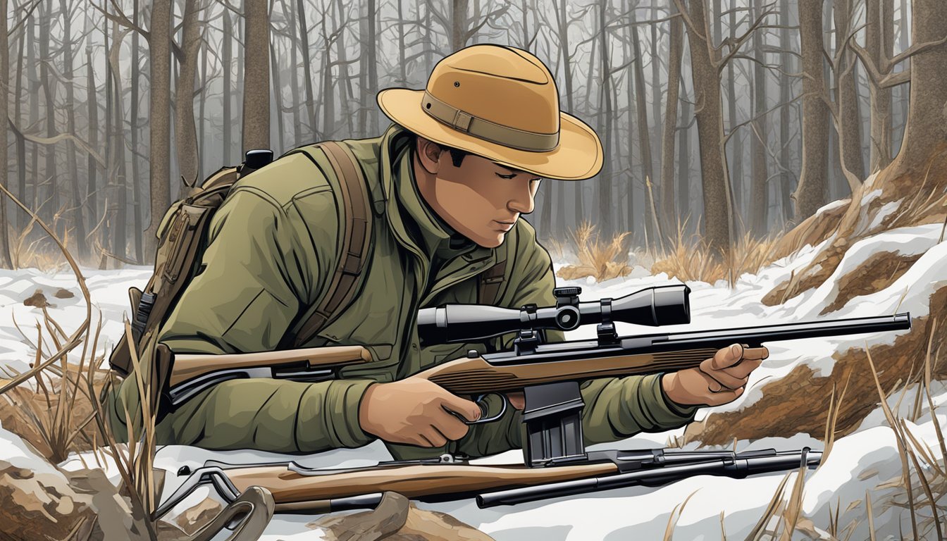 A hunter carefully selects a rifle caliber from a variety of options, with a deer silhouette in the background