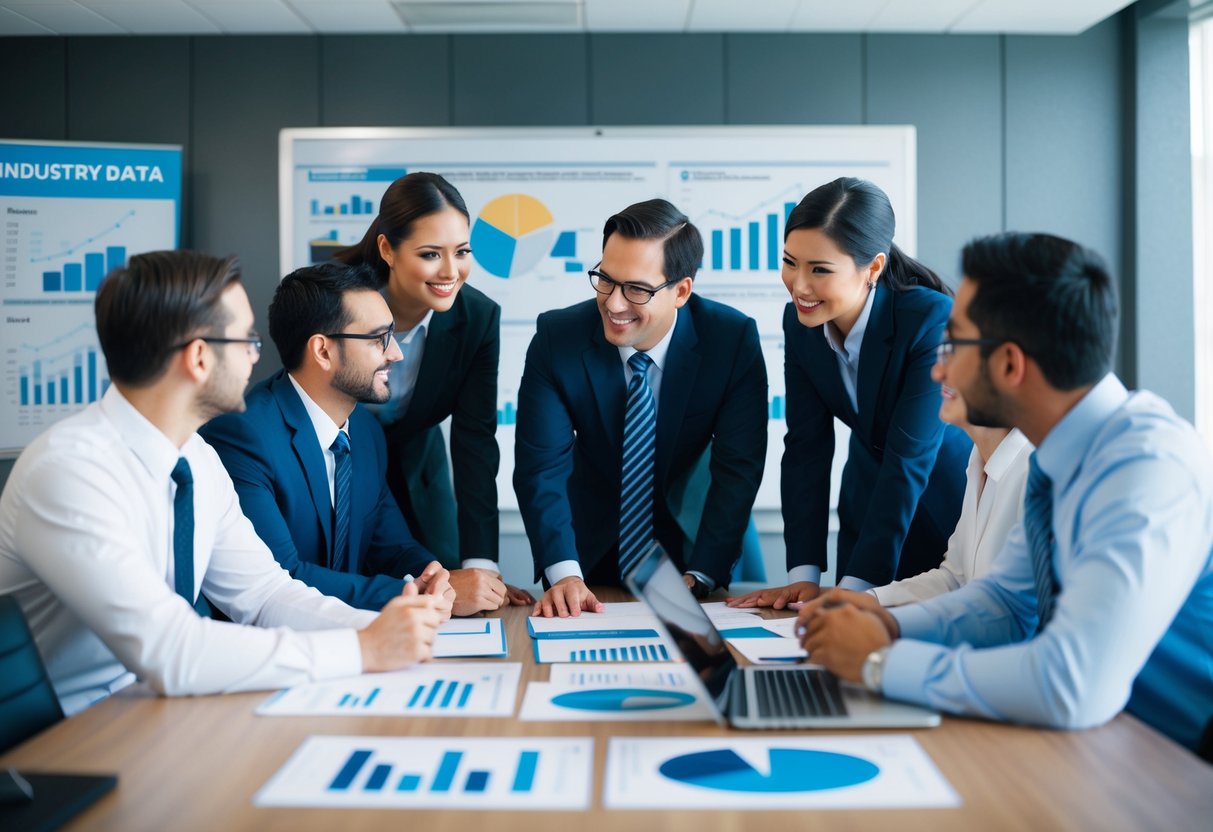 Un groupe de professionnels en train de réfléchir et de collaborer dans une salle de réunion, entouré de graphiques, de tableaux et de données spécifiques à l'industrie.