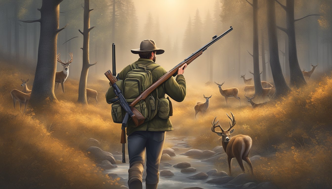 A hunter holding a rifle with ineffective calibers, surrounded by missed shots and fleeing deer