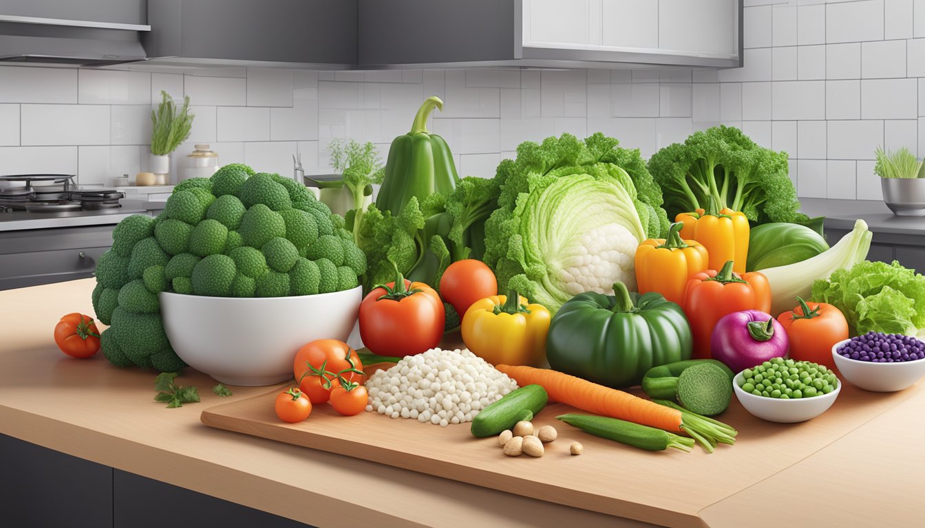 A colorful array of fresh vegetables and lean proteins arranged on a clean, modern countertop