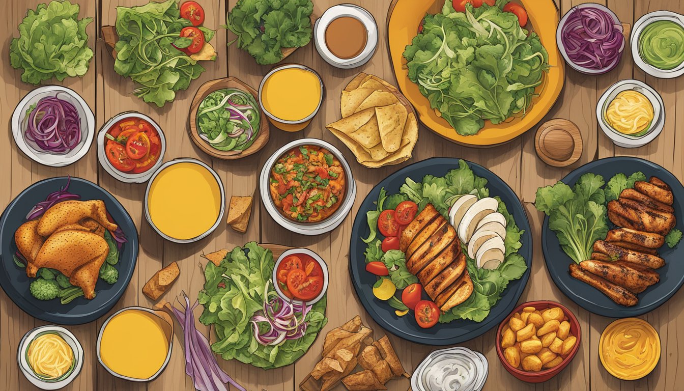 A colorful menu board featuring various healthy options at Nando's, including grilled chicken, fresh salads, and vegetable sides