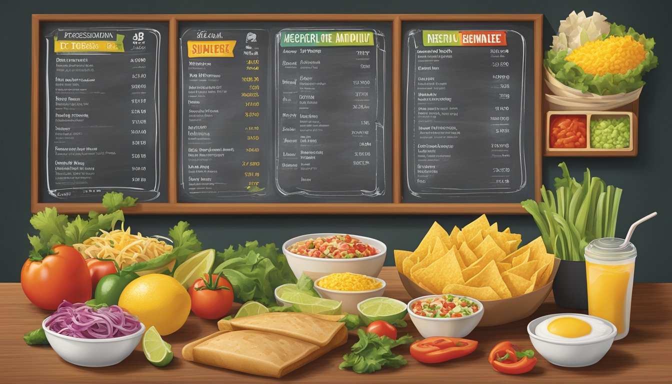 A colorful array of fresh ingredients and dietary symbols displayed next to a menu board at Taco John's