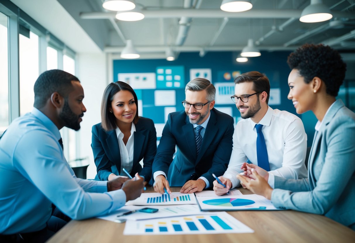 Un groupe de professionnels divers brainstorming et analysant des graphiques de données dans un cadre de bureau moderne