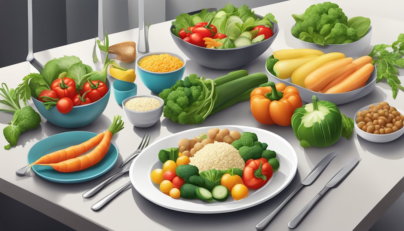 A colorful array of fresh vegetables and lean proteins arranged on a clean, modern table setting