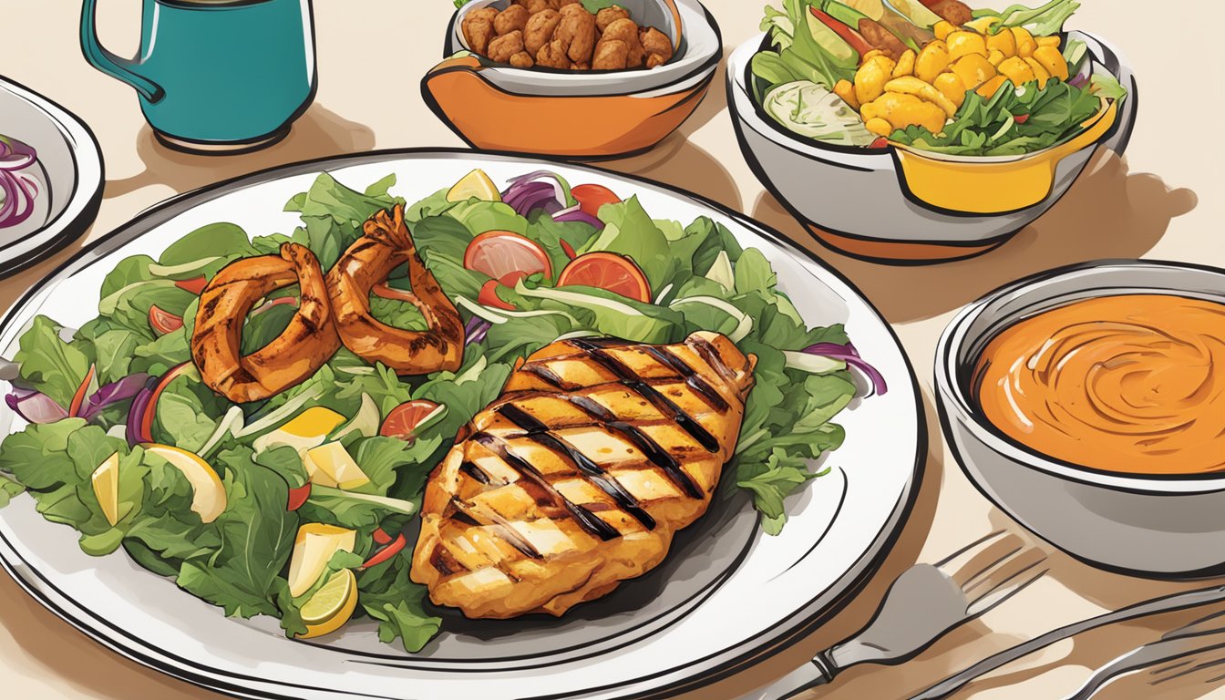 A colorful plate with grilled chicken, fresh salad, and steamed vegetables, surrounded by Nando's signature peri-peri sauce