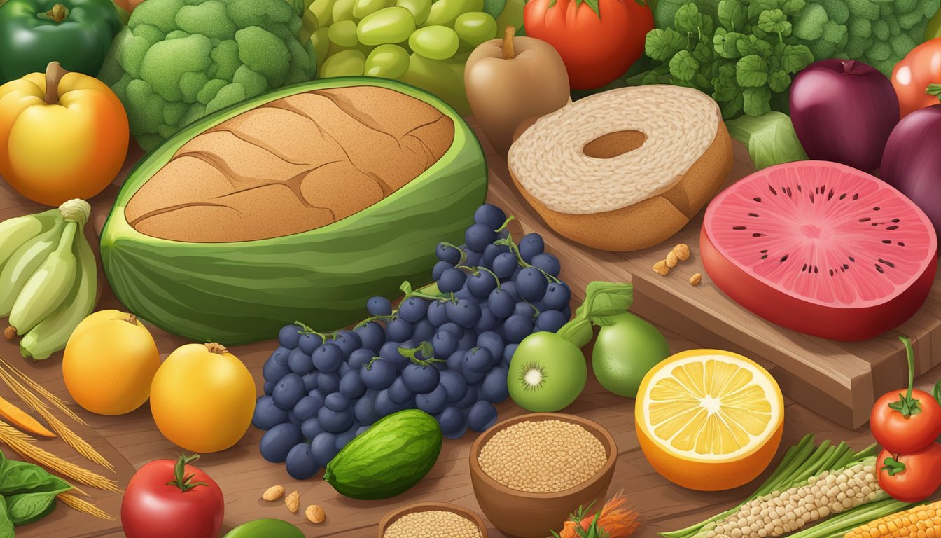 A colorful array of fresh fruits and vegetables, alongside whole grain breads and lean proteins, is displayed on a table