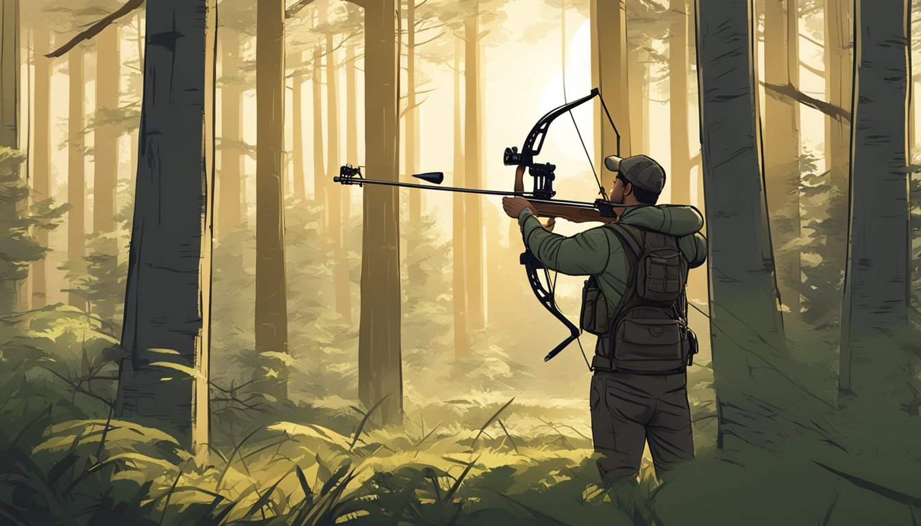 A hunter stands in a forest clearing, drawing back a compound bow. The sun filters through the trees as the hunter takes aim at a distant deer