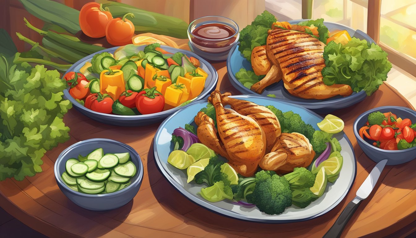 A colorful array of fresh vegetables and grilled chicken on a vibrant plate, surrounded by a warm and inviting atmosphere