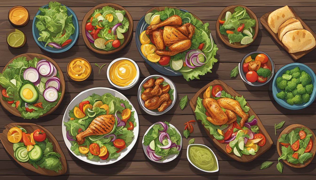 A colorful array of fresh salads, grilled chicken, and roasted vegetables displayed on a wooden table at Nando's restaurant