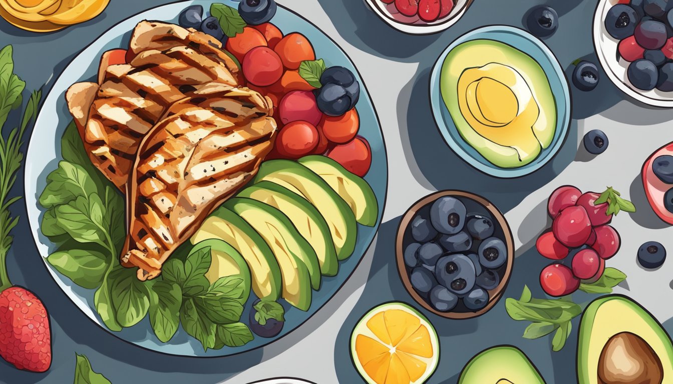 A colorful array of fresh vegetables and grilled chicken on a plate, with a side of avocado and a bowl of mixed berries