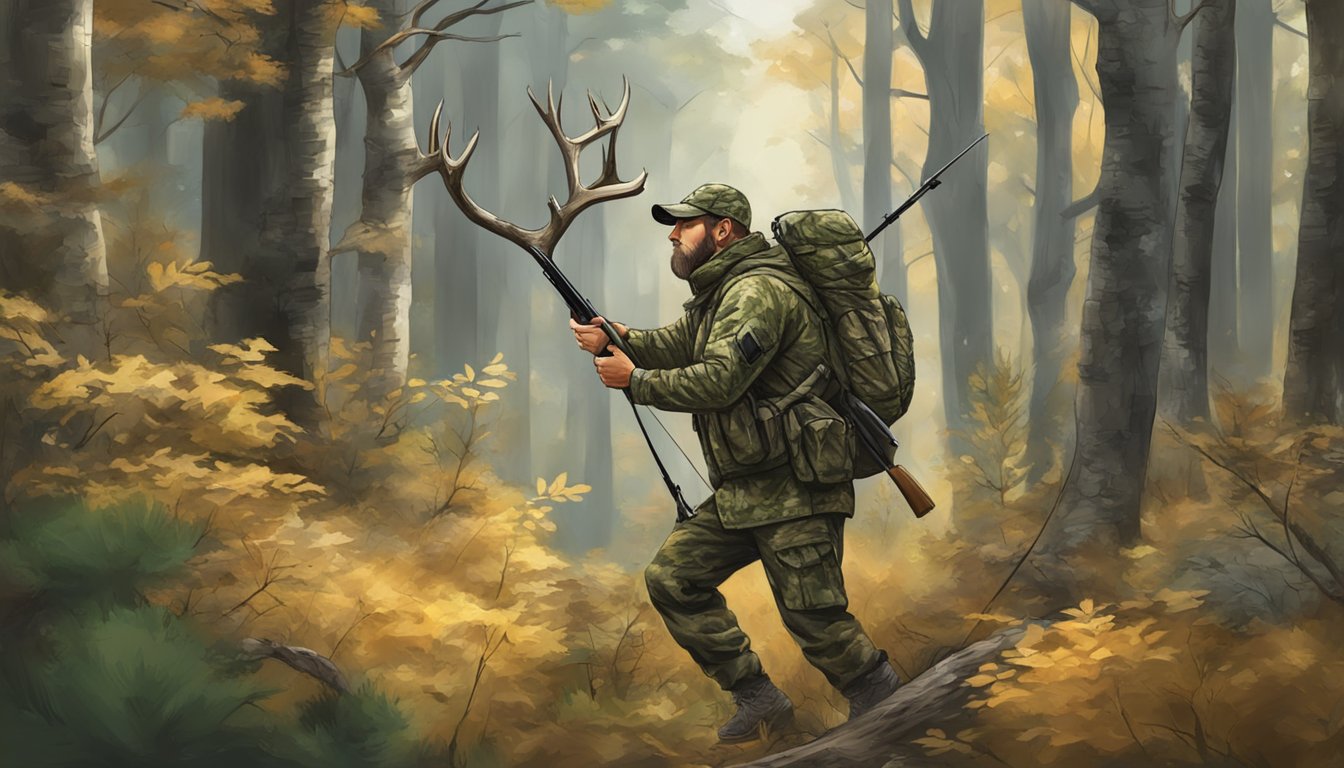 A hunter in full camouflage gear, blending into the forest while using a bow or rifle for deer hunting