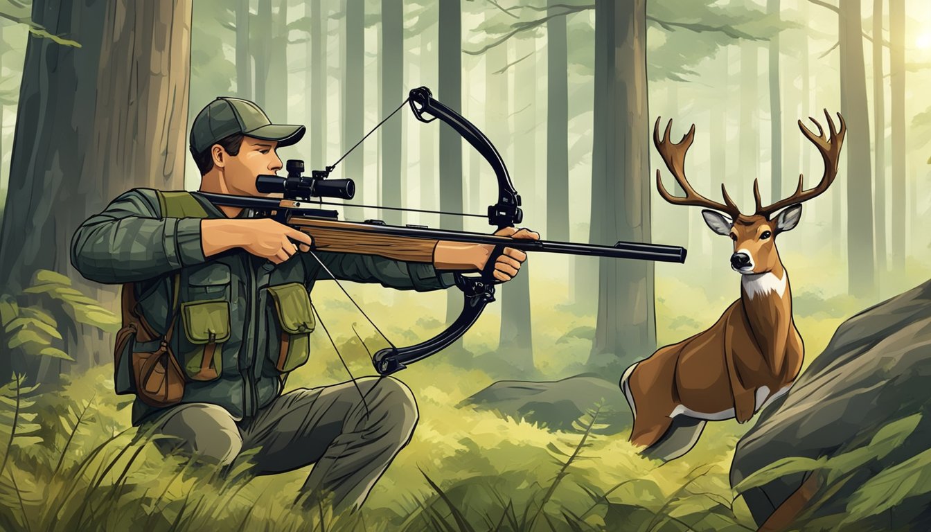 A hunter draws back a compound bow, aiming at a deer in a natural forest setting