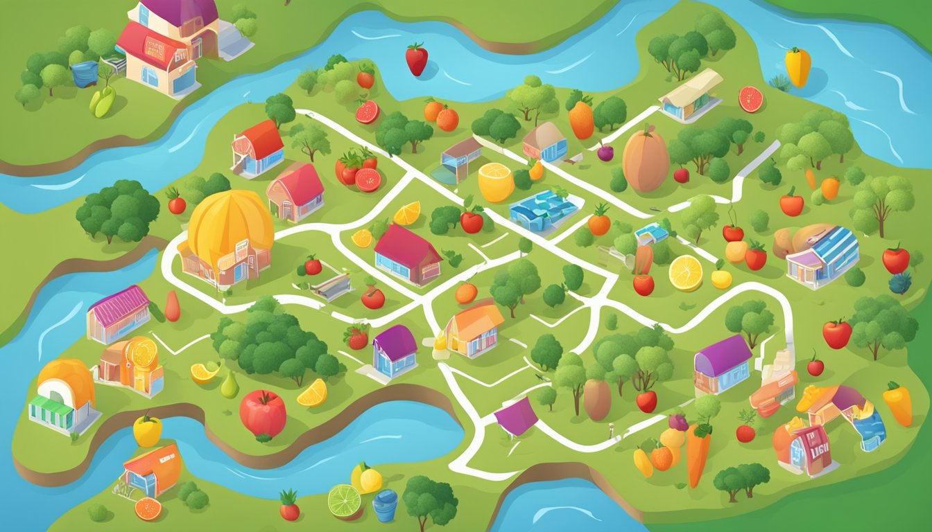 A colorful map with store locations marked, surrounded by fresh fruits and vegetables