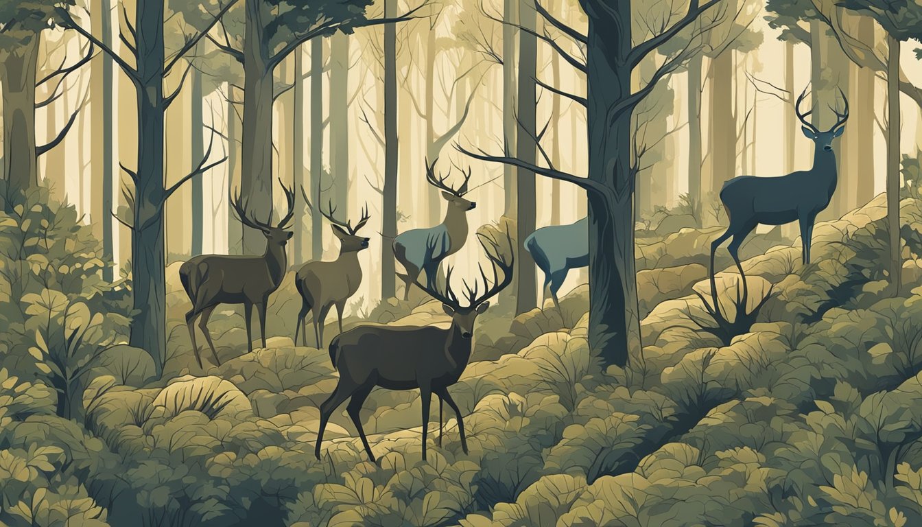 A dense forest with deer grazing among trees, their natural colors blending seamlessly with the surroundings due to advanced camo design