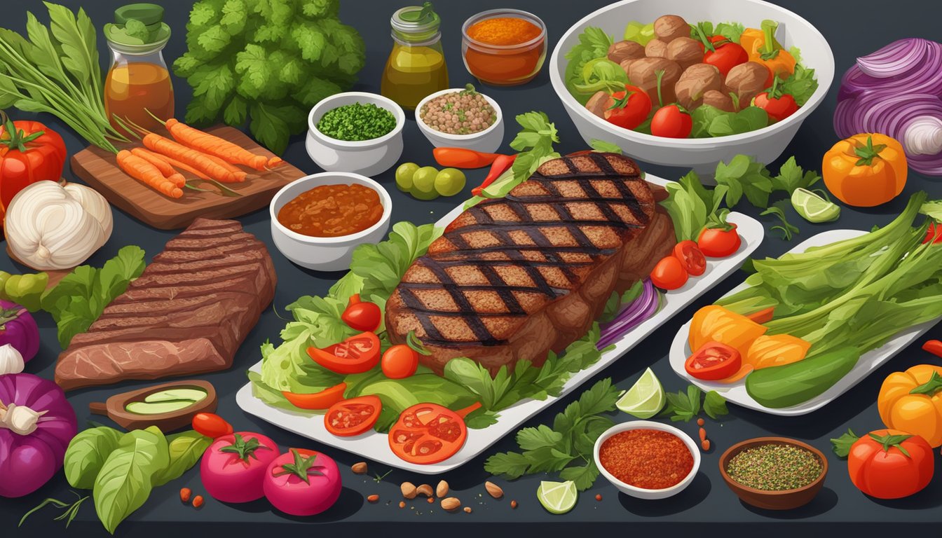 A colorful array of fresh vegetables and lean grilled meats on a table, surrounded by vibrant herbs and spices