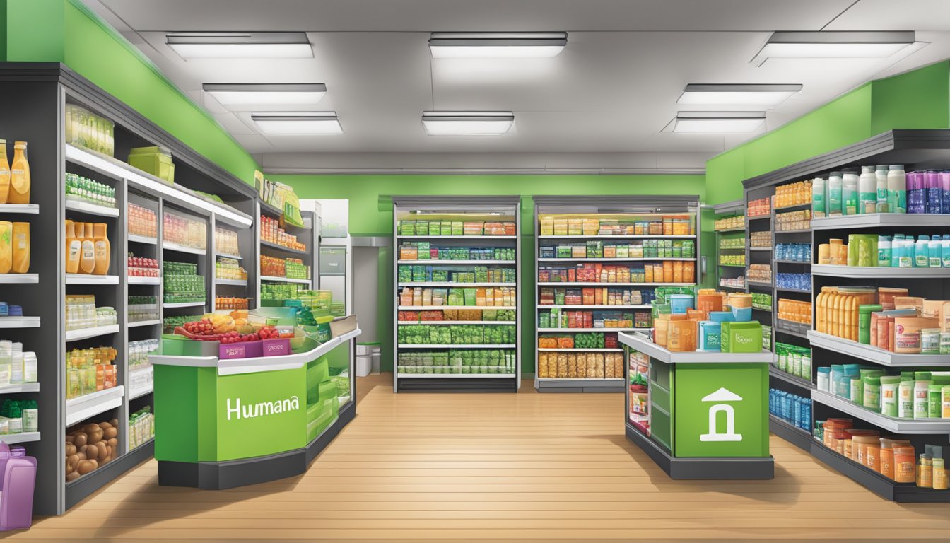 A bustling store with a prominent "Humana Healthy Options" sign, surrounded by shelves of health and wellness products