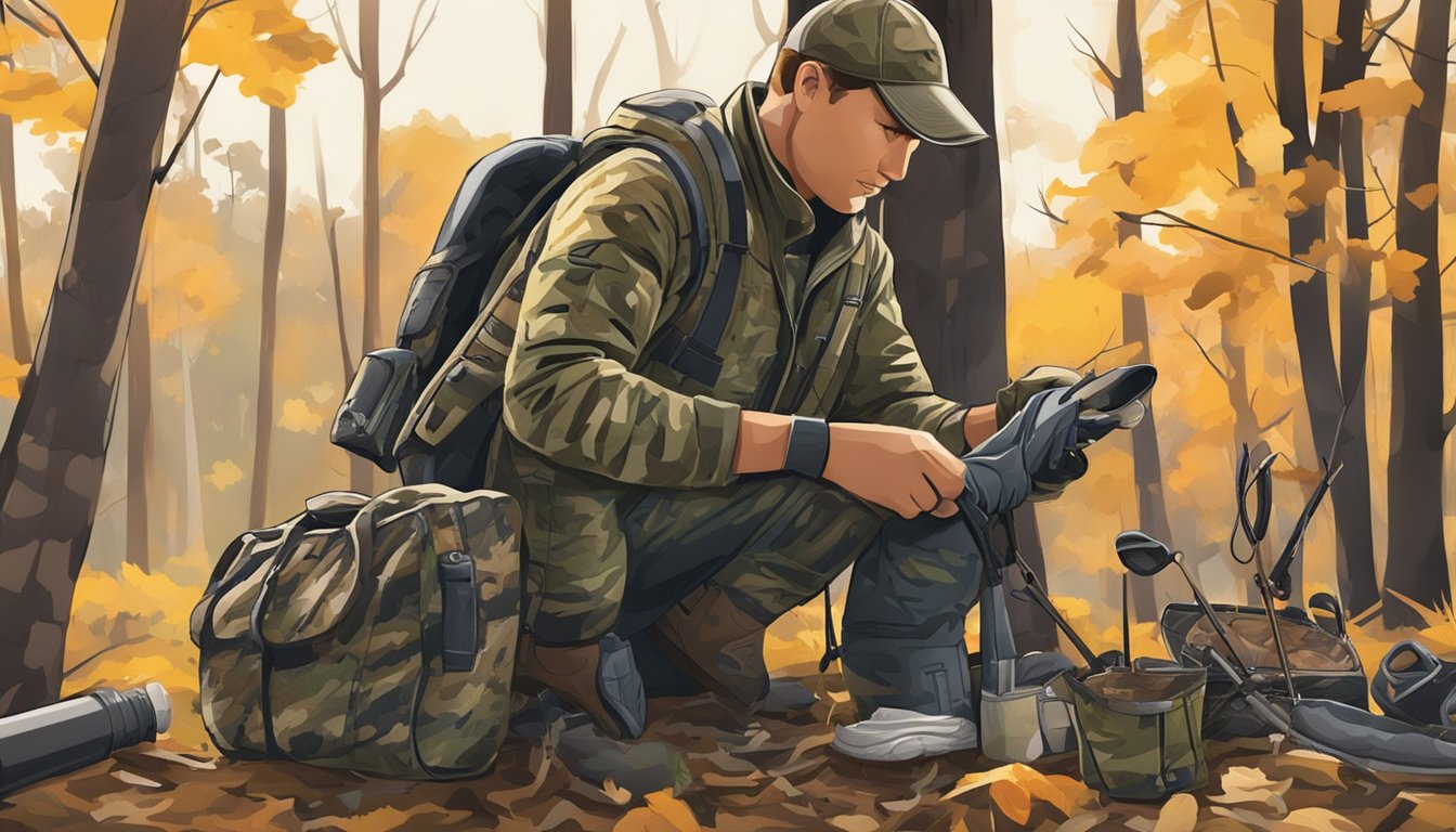 A hunter carefully cleans and inspects their camo gear, hanging it to dry in the warm sunlight after a successful deer hunt