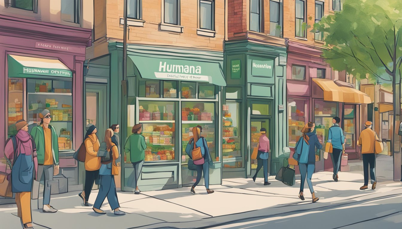 A bustling street with various storefronts and signs advertising "humana healthy options store finder". Pedestrians walk past, some pausing to look at the displays