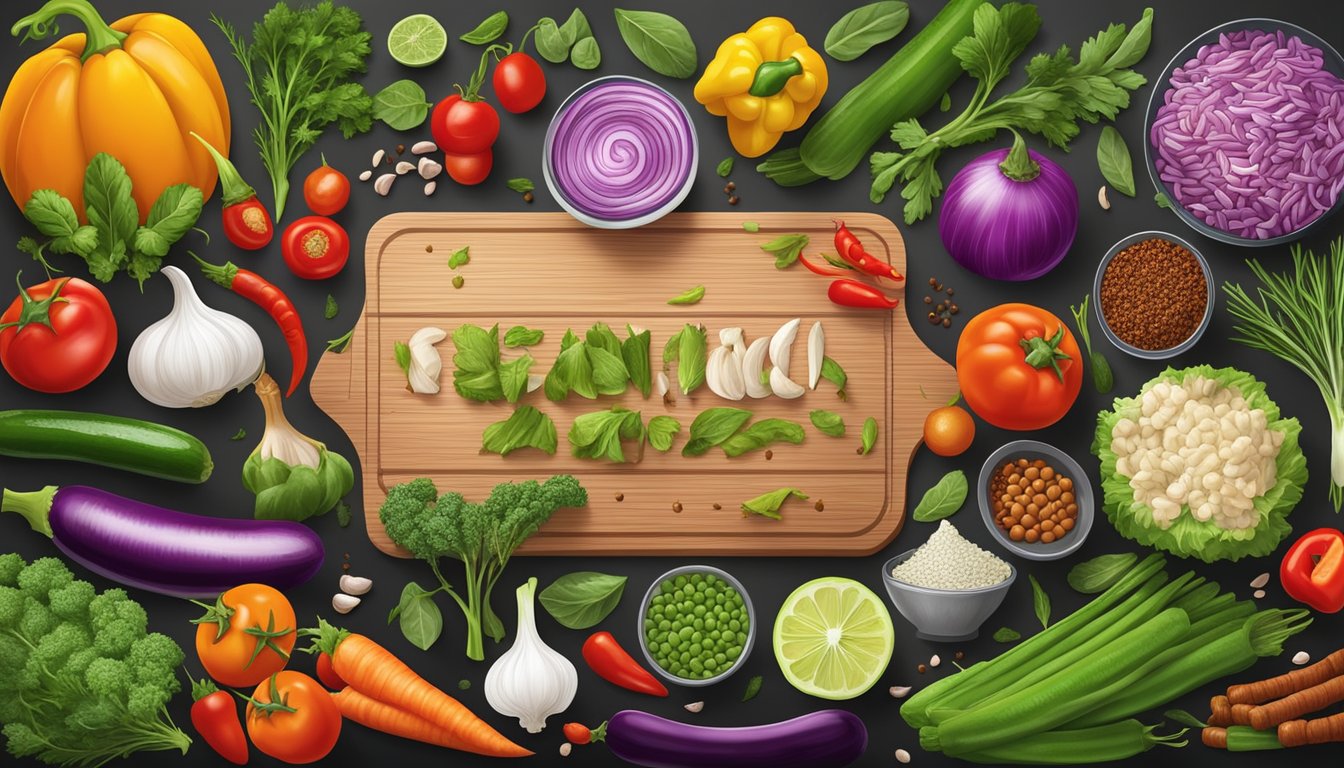 A colorful array of fresh vegetables and lean proteins arranged on a menu board, surrounded by vibrant herbs and spices