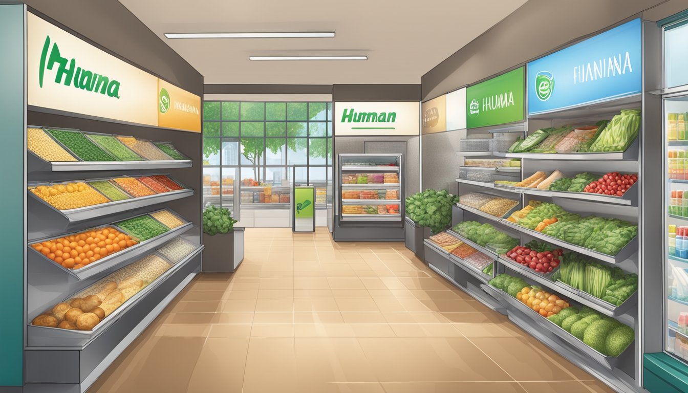 A bright, modern store with a variety of healthy food options. A display of financial planning brochures and a Benefits Humana sign