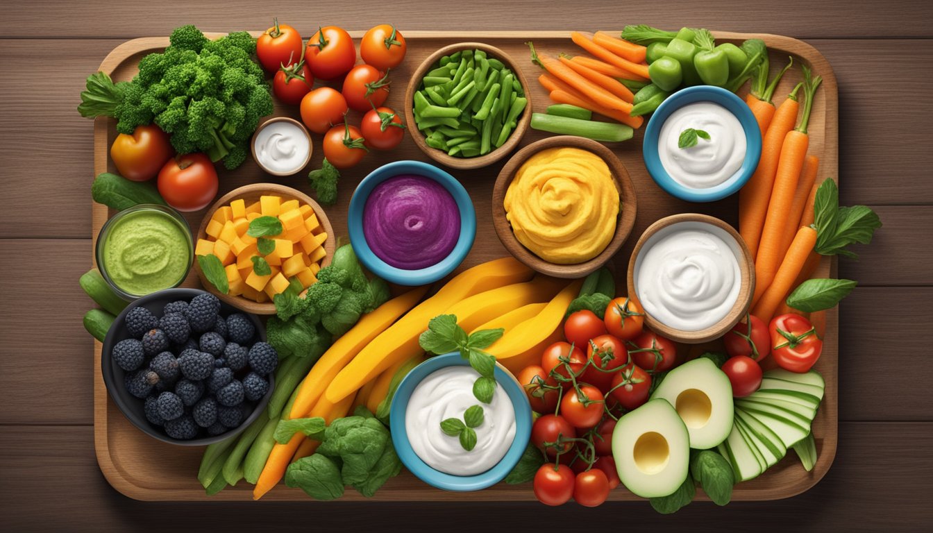 A colorful array of fresh vegetables and fruits arranged on a wooden platter, accompanied by small dishes of hummus and yogurt-based dips