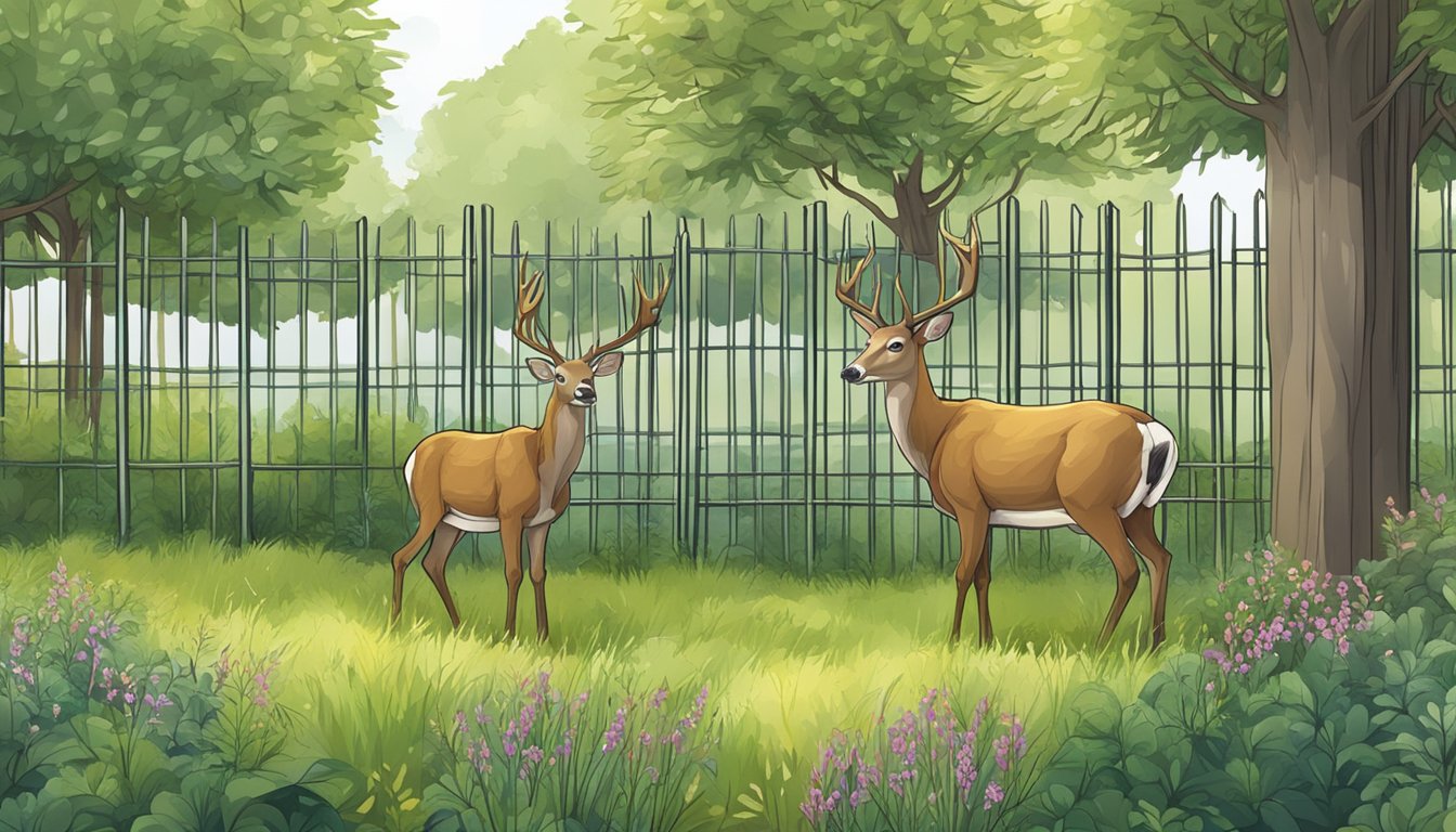 A deer grazing near a high fence, surrounded by trees and bushes with various food sources