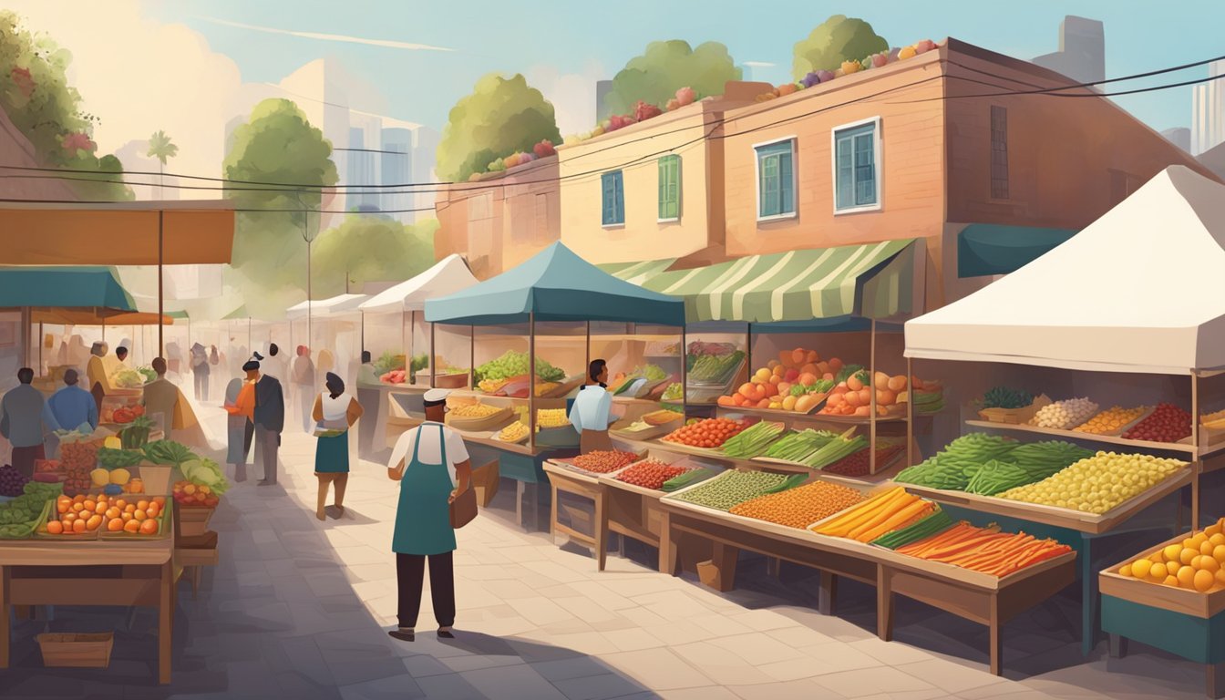 A bustling outdoor market with colorful stalls selling fresh fruits, vegetables, and whole grains. A chef prepares vibrant, nutrient-rich dishes at a nearby food stand