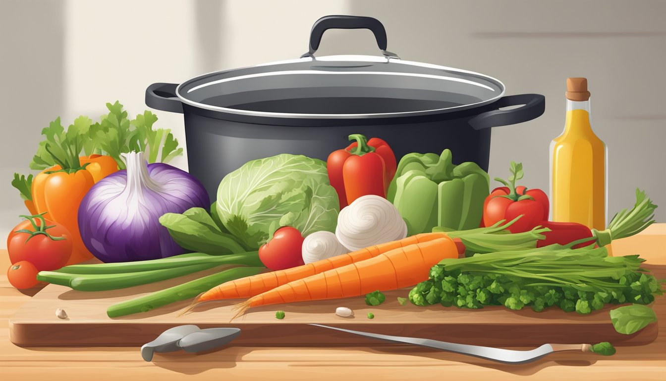 A colorful array of fresh vegetables, lean proteins, and whole grains arranged on a wooden cutting board. A steaming pot and sizzling pan nearby