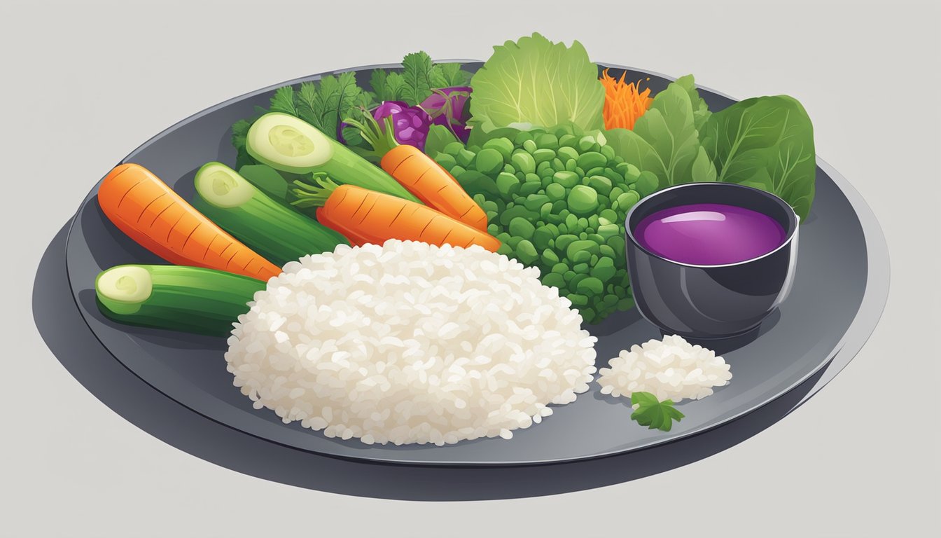 A colorful array of fresh vegetables and steamed rice arranged on a modern, minimalist plate