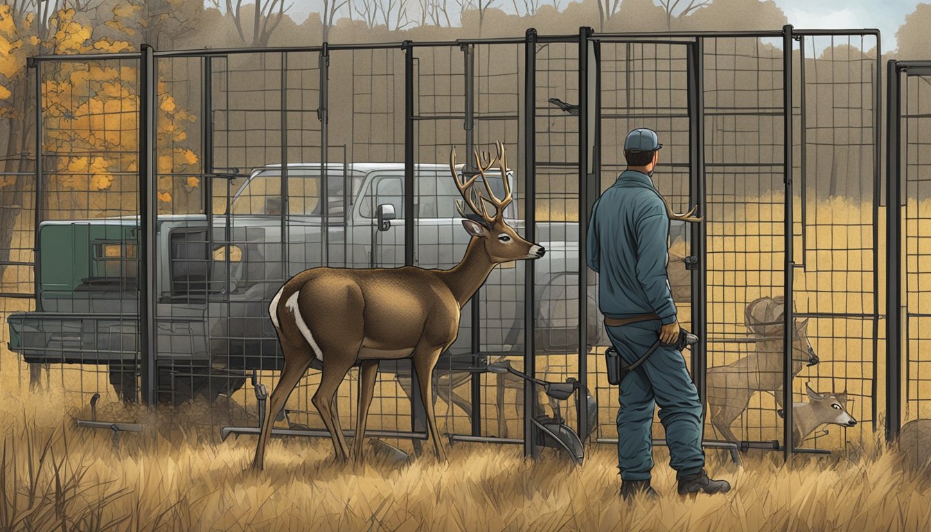 A hunter unloads gear outside a high fence enclosure, while another inspects a harvested deer