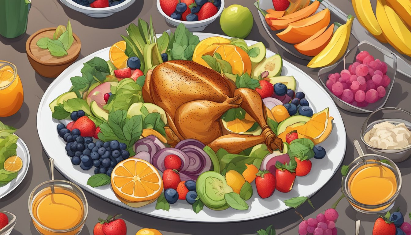 A colorful plate of fresh fruit, steamed vegetables, and grilled chicken, surrounded by playful animal-shaped food picks