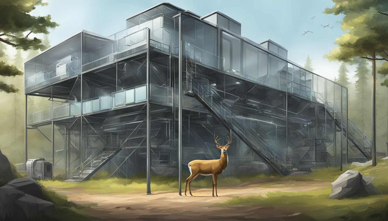 A futuristic high fence deer hunting facility with advanced technology and automated feeding systems