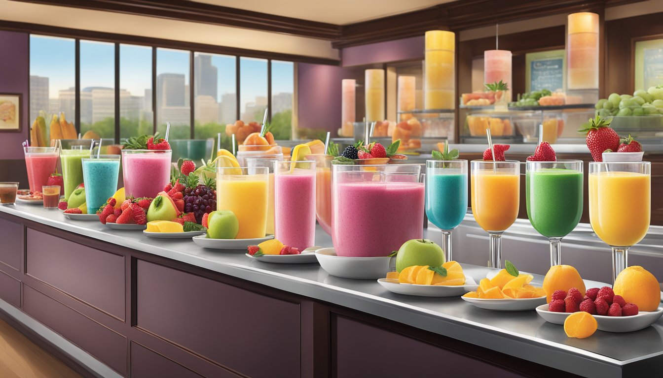 A colorful array of fresh fruit smoothies and decadent desserts on display at PF Chang's, showcasing their healthy options