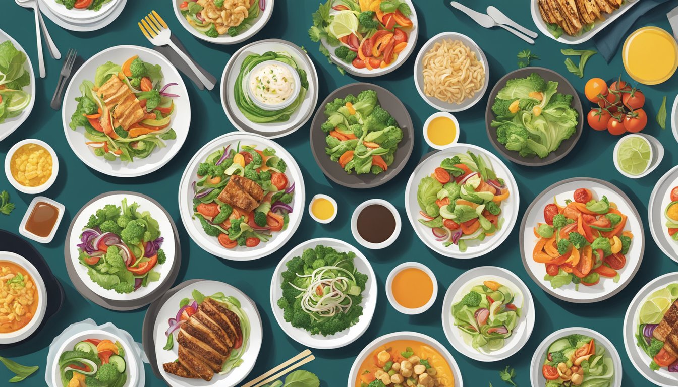 A table set with a variety of colorful and fresh dishes from PF Chang's Nutritional Insights healthy options, including salads, grilled vegetables, and lean protein options