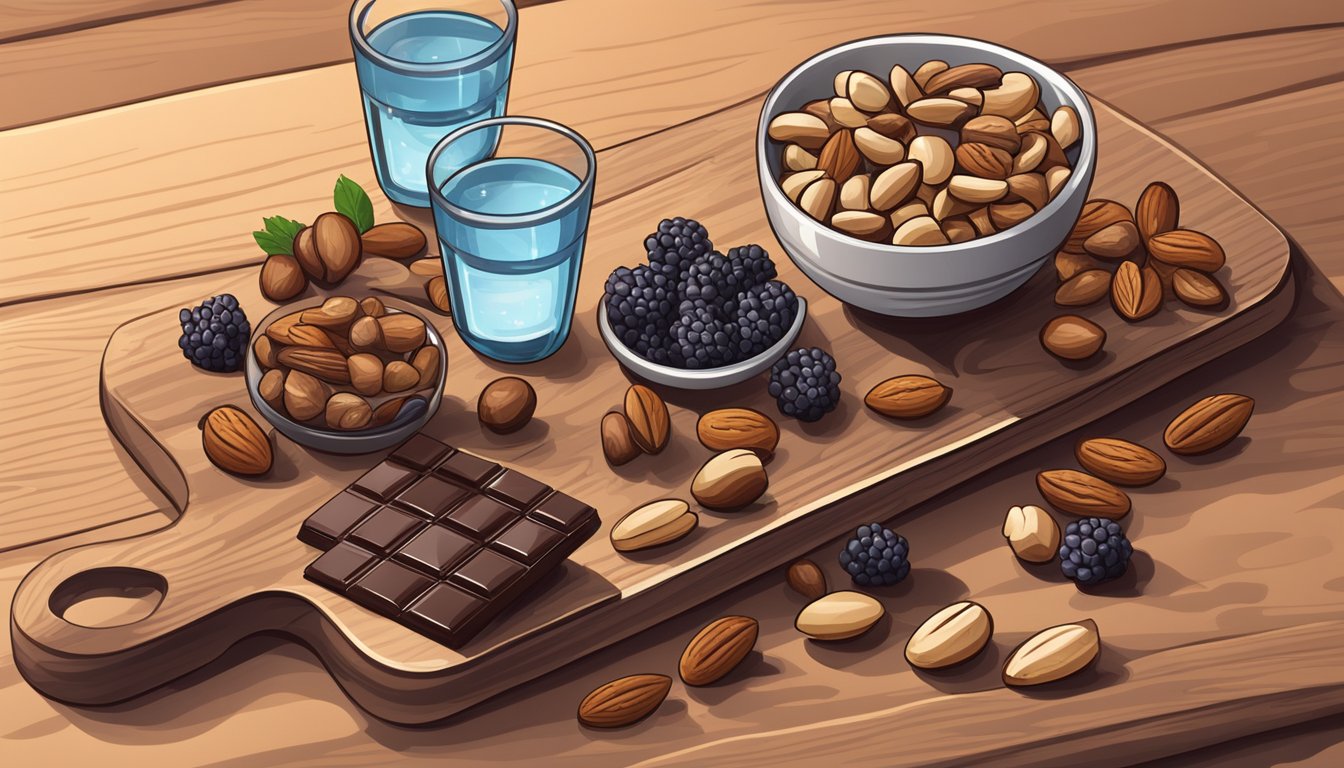 A bowl of mixed nuts and dark chocolate bars on a wooden cutting board, surrounded by fresh berries and a glass of water