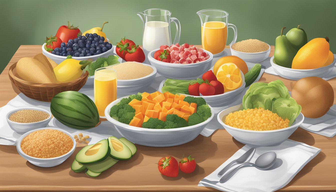 A table set with a variety of fresh fruits, vegetables, and whole grains, with a menu displaying nutritional information at a Bob Evans restaurant