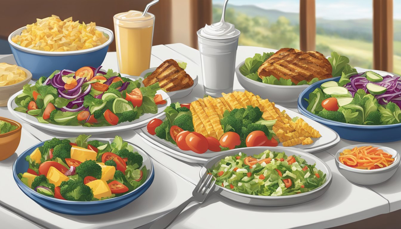 A table set with fresh salads, grilled vegetables, and lean protein options at a Bob Evans restaurant