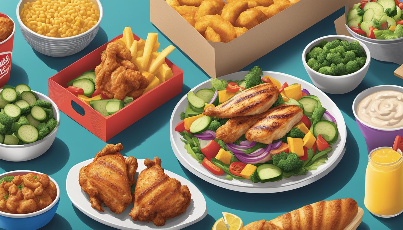 A variety of fresh, colorful vegetables and grilled chicken options displayed in a bright and inviting setting at Raising Cane's