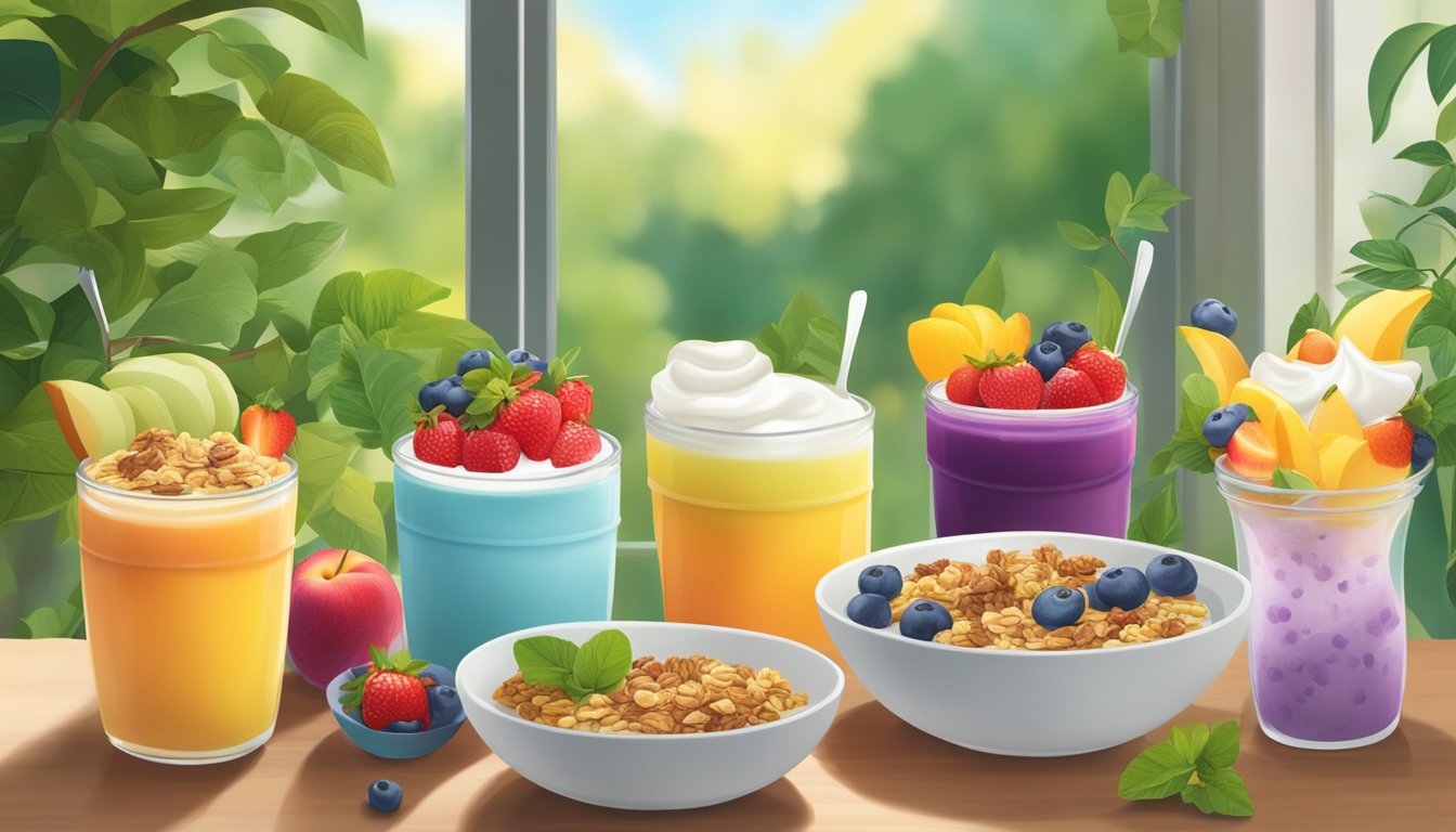 A colorful display of fresh fruit, yogurt parfaits, and granola bars, surrounded by vibrant greenery and a warm, inviting atmosphere