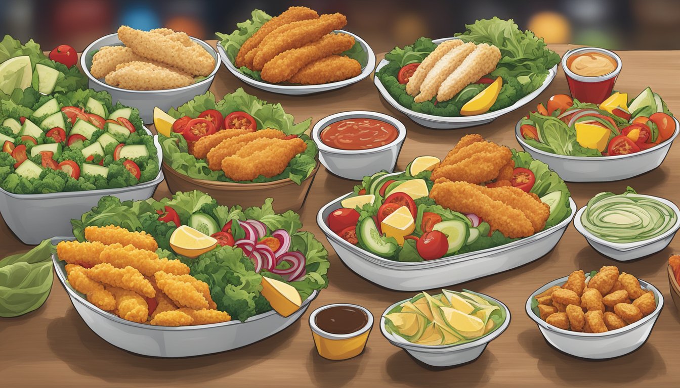 A colorful array of fresh salads, steamed vegetables, and fruit cups displayed alongside the signature chicken tenders at Raising Cane's