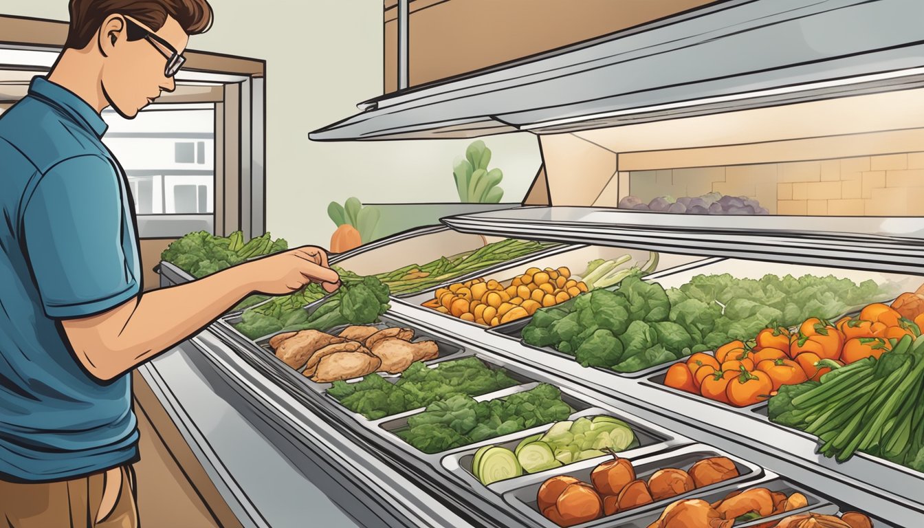 A person selecting fresh vegetables and grilled chicken from a fast food menu, with the option to customize their meal for healthier choices