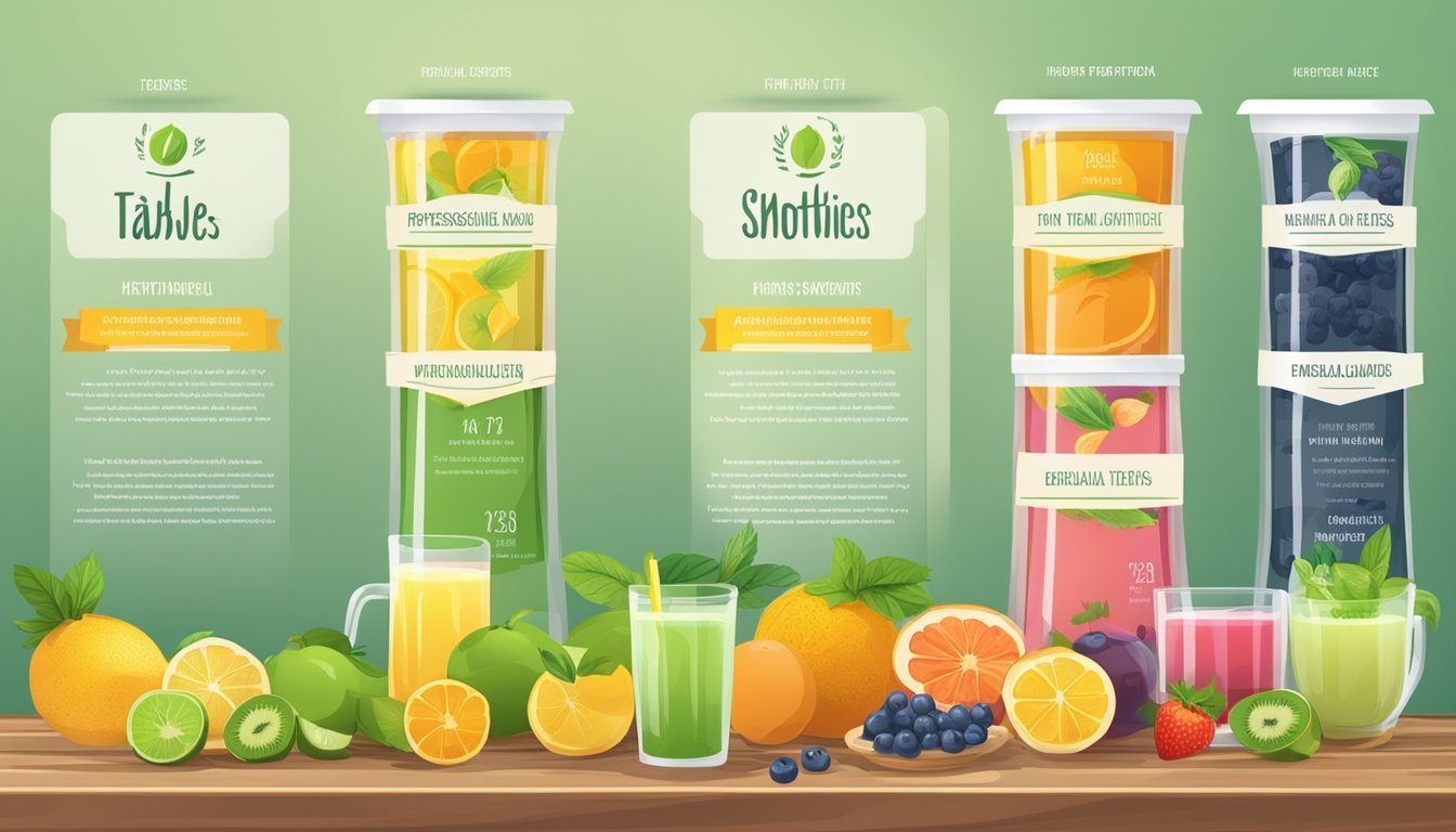 A table with a variety of beverages like fruit smoothies, fresh juices, and herbal teas, alongside their respective nutritional values displayed on colorful labels