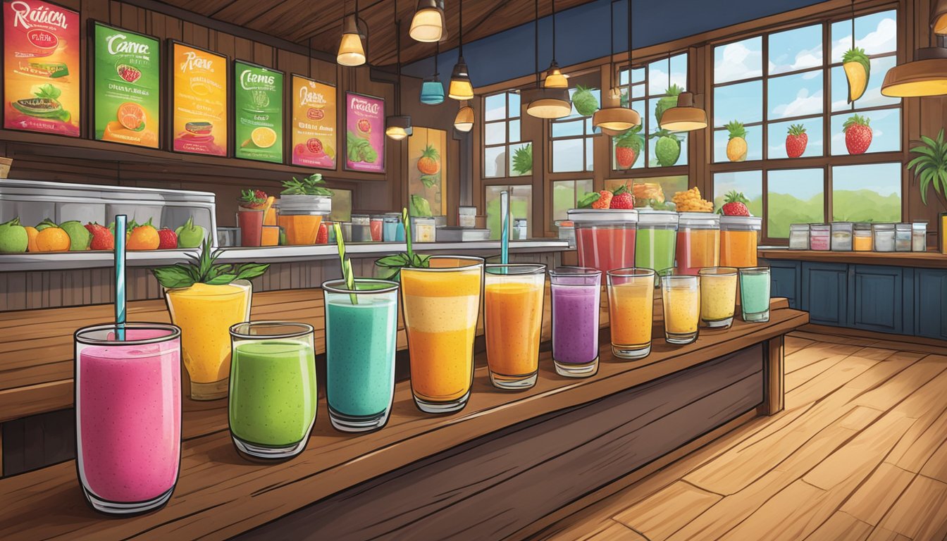 A colorful array of fresh fruit smoothies and herbal teas displayed on a rustic wooden counter at Raising Cane's