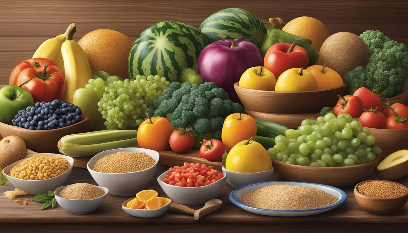 A colorful display of fresh fruits, vegetables, and whole grains arranged on a rustic wooden table at Bob Evans