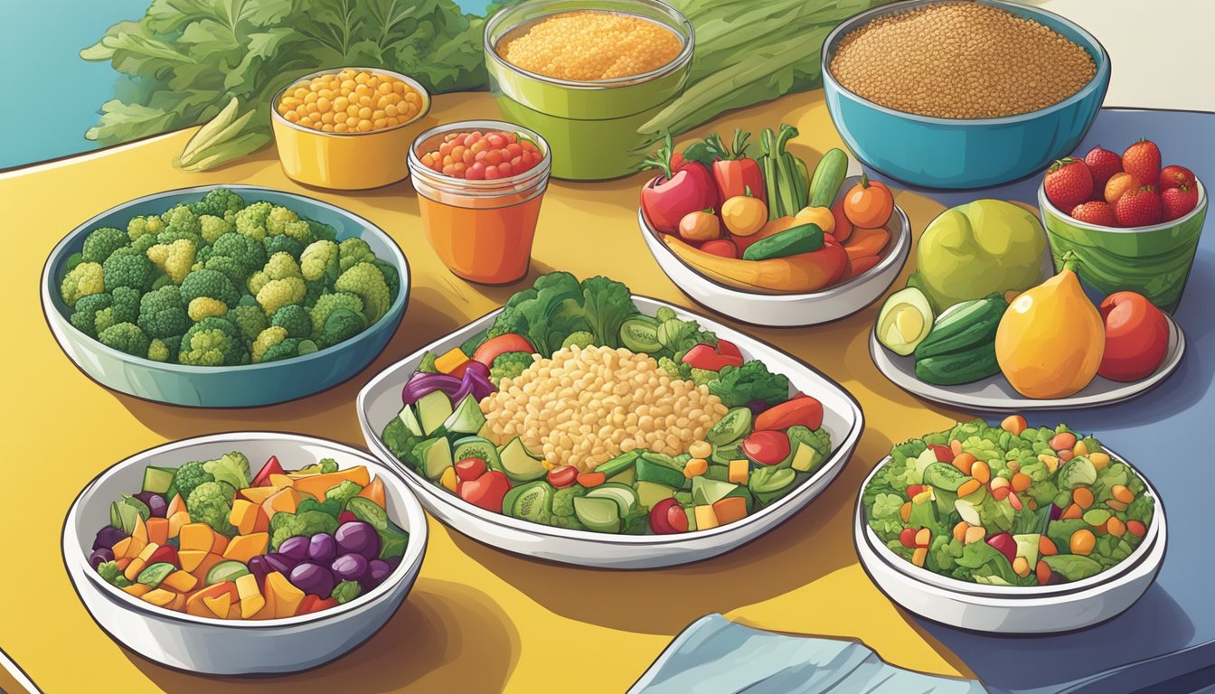 A colorful array of fresh vegetables, fruits, and whole grains displayed on a table, with a variety of healthy options at Raising Cane's