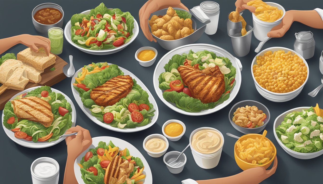 A chef prepares a variety of healthy meal options at Raising Cane's, including salads, grilled chicken, and vegetable sides