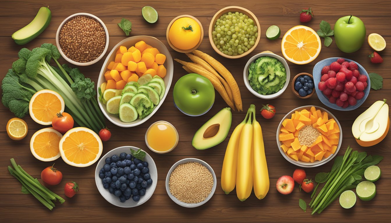 A colorful array of fresh fruits, vegetables, and whole grains displayed on a rustic wooden table at Tupelo Honey, showcasing their healthy menu options